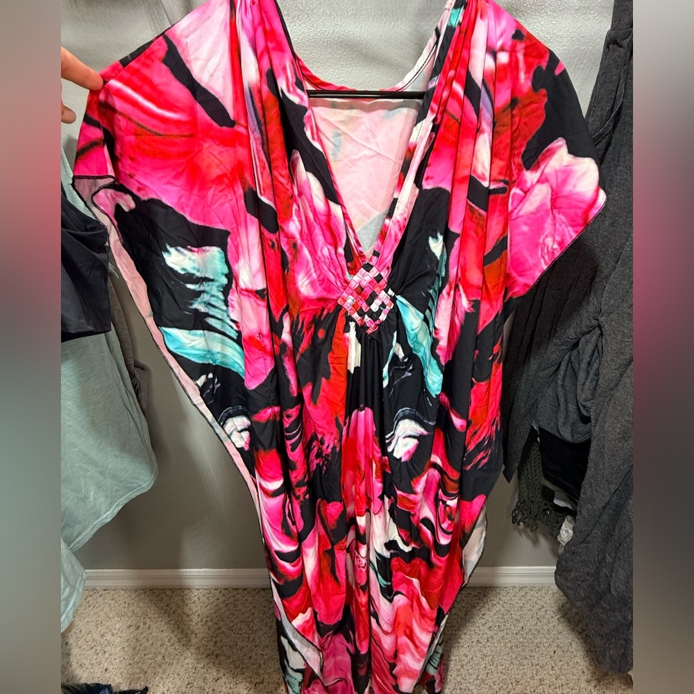Pink Black Abstract Kaftan Cover Up One Size Beach Resort Maxi